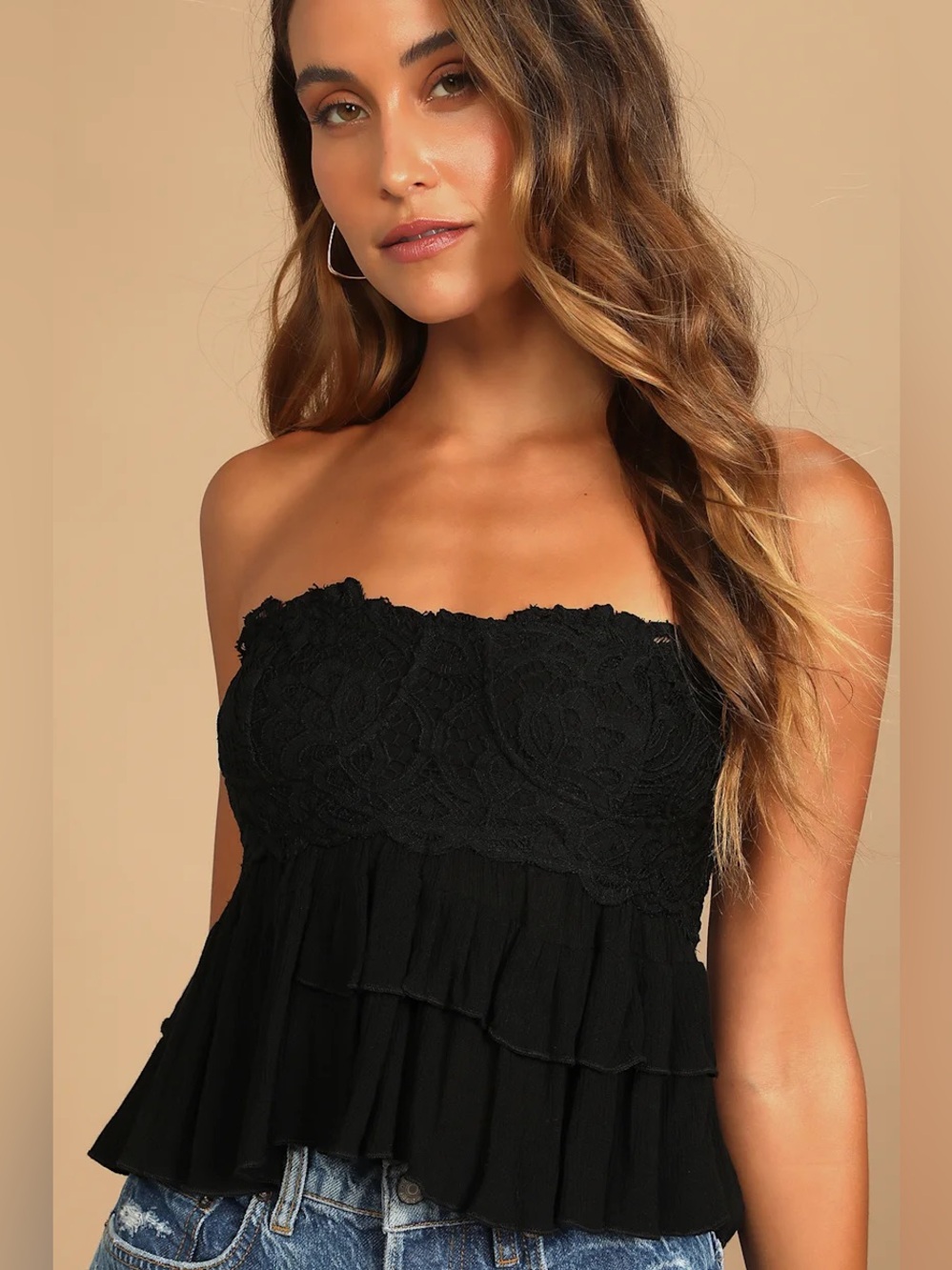 Free People Adella Black Ruffle Strapless Top